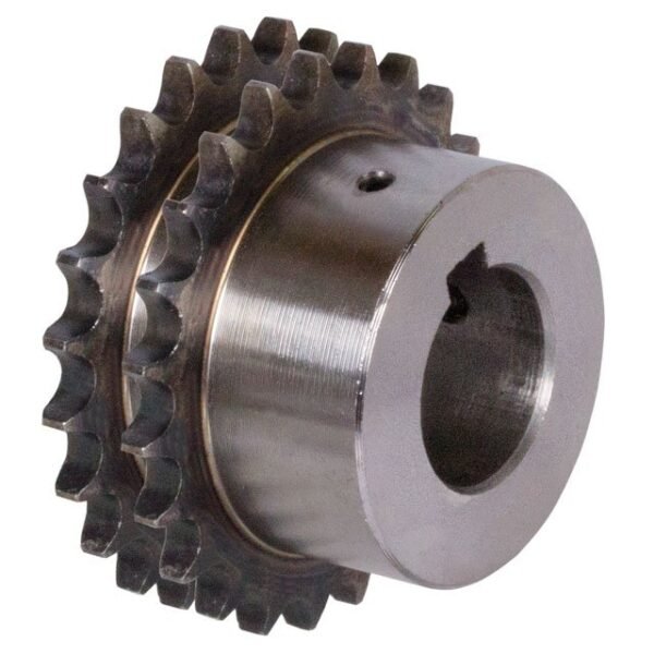 Double-strand sprocket ZRF with hub   10 B-2   18 teeth   material steel   bore 30H7   keyway DIN 6885/1   2 set screw threads   teeth induction hardened SKU: 12681830